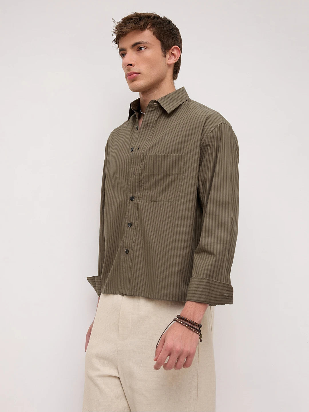 Olive Sheer Striped Boxy Fit Crop Shirt
