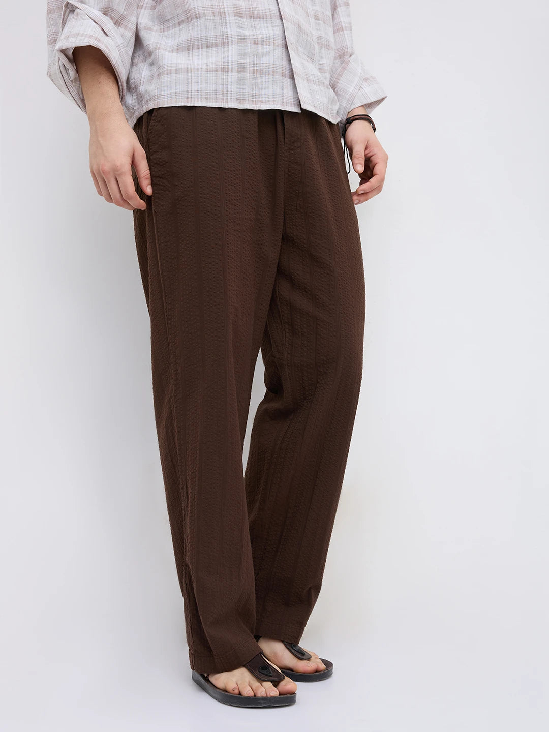 Luxe Brown Seersucker Striped Straight Fit Trousers