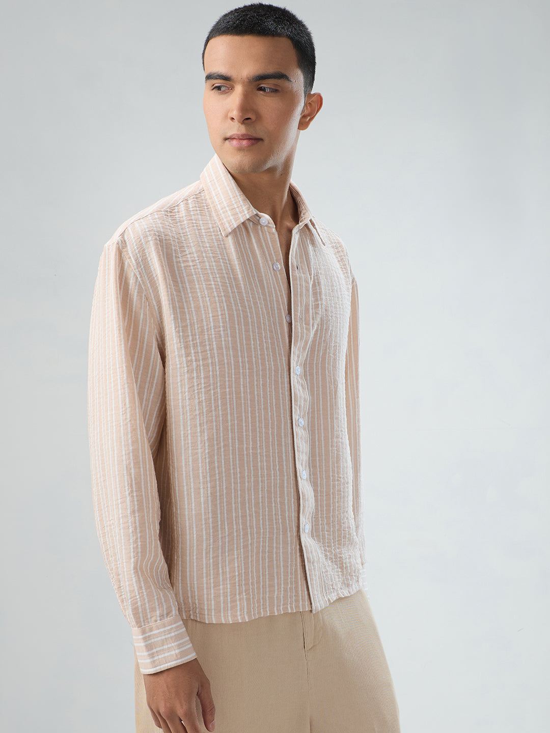 Crayola Peach Vertical Striped Crinkled Boxy Fit Crop Shirt