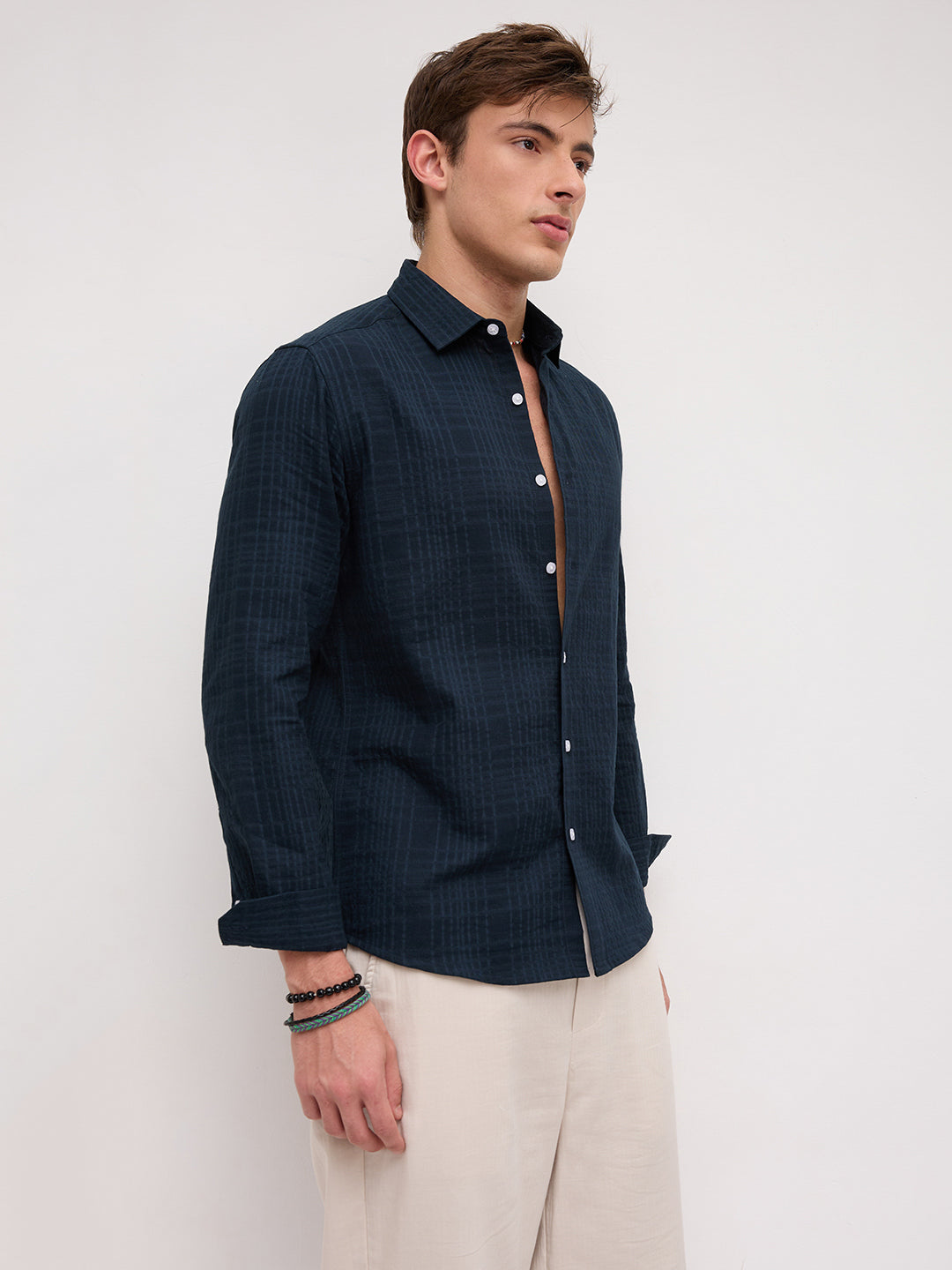 Plush Teal Ledger Checks Double Cloth Shirt