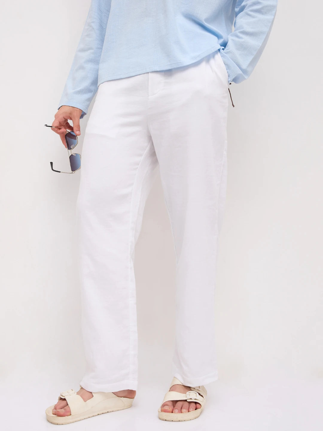 Cloud White Fine Herringbone Textured Straight Fit Trousers