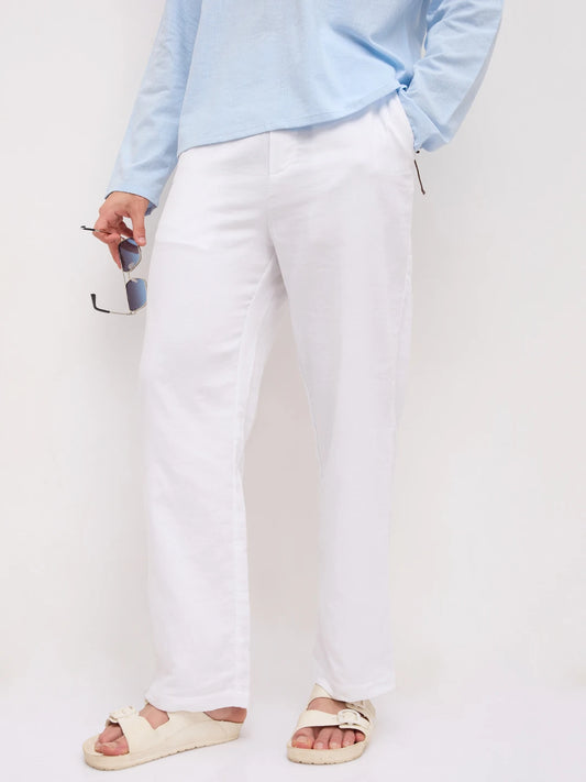 Cloud White Fine Herringbone Textured Straight Fit Trousers