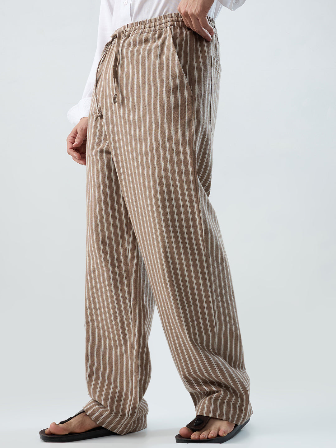 Beachline Brown Vertical Striped Straight-Fit Trousers