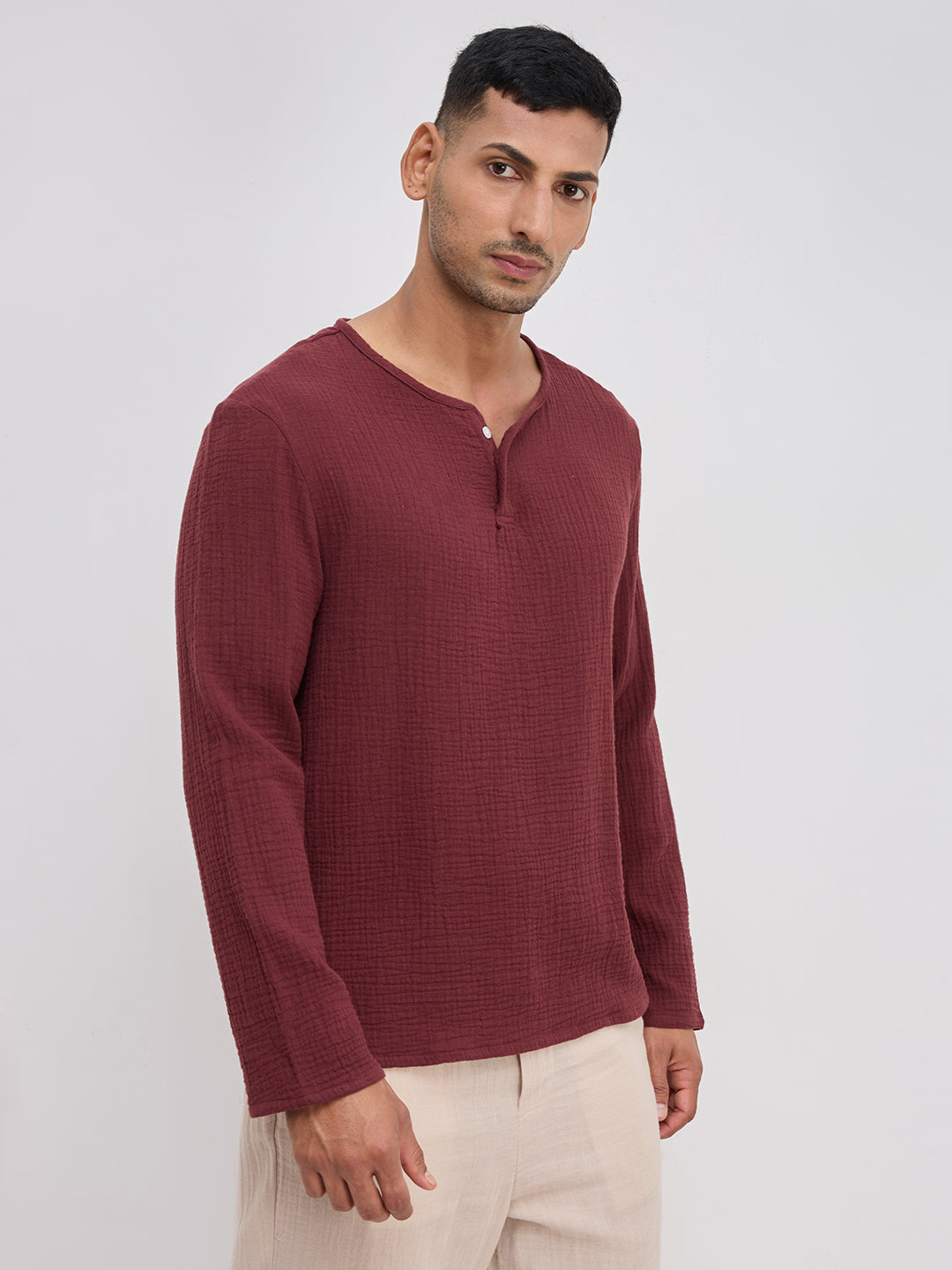 Debonair Maroon Double Cloth Henley Neck Oversized Shirt