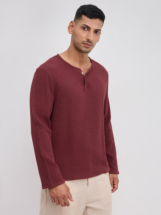 Debonair Maroon Double Cloth Henley Neck Oversized Shirt