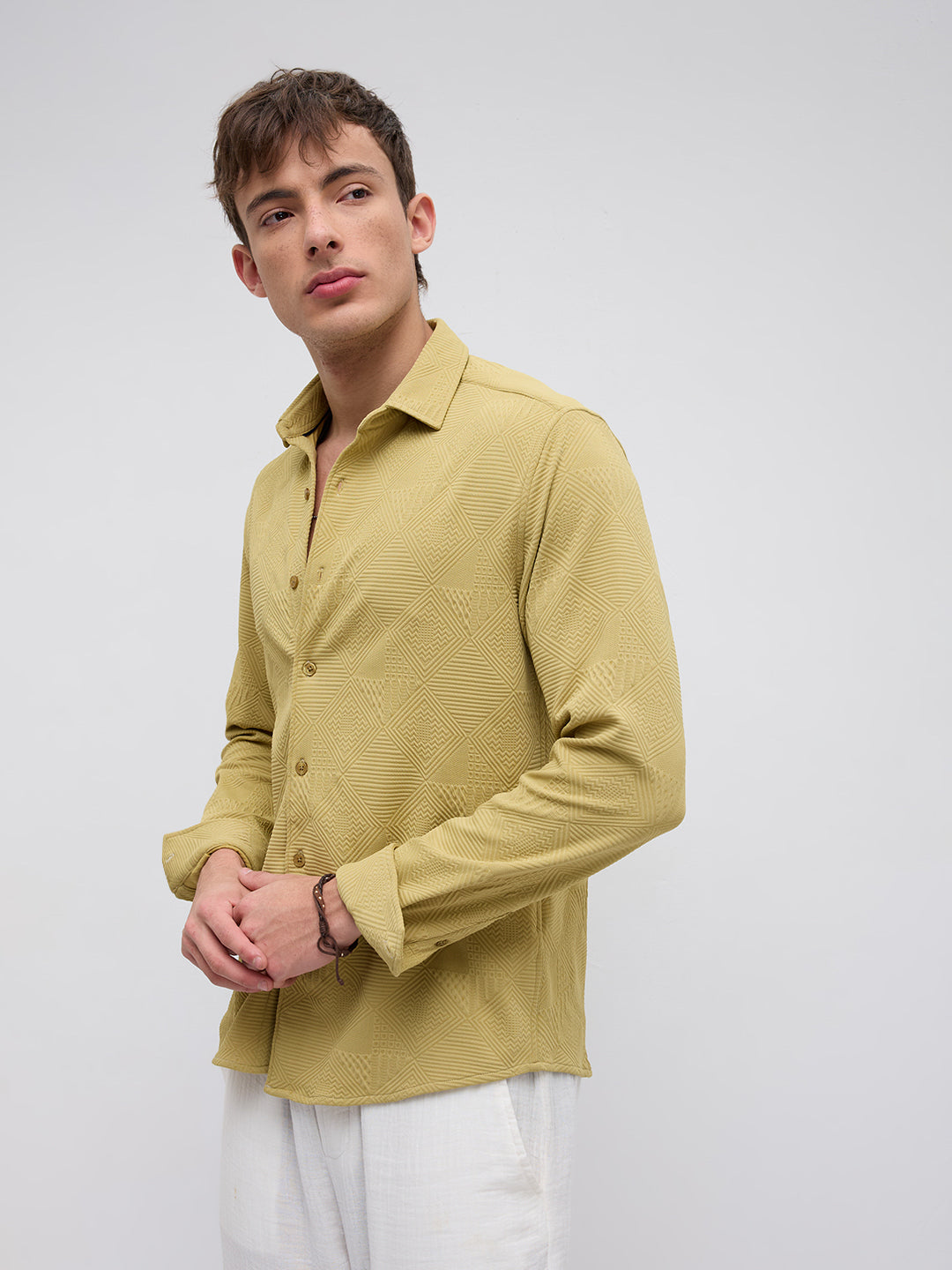 Sunlit Mustard Maze Textured Knitted Shirt