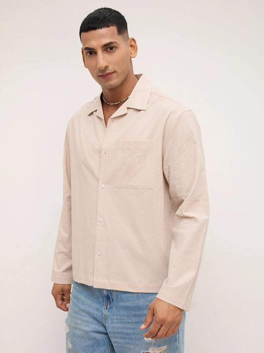 Luxe Beige Fine Textured Notch Collar Oversized Shirt