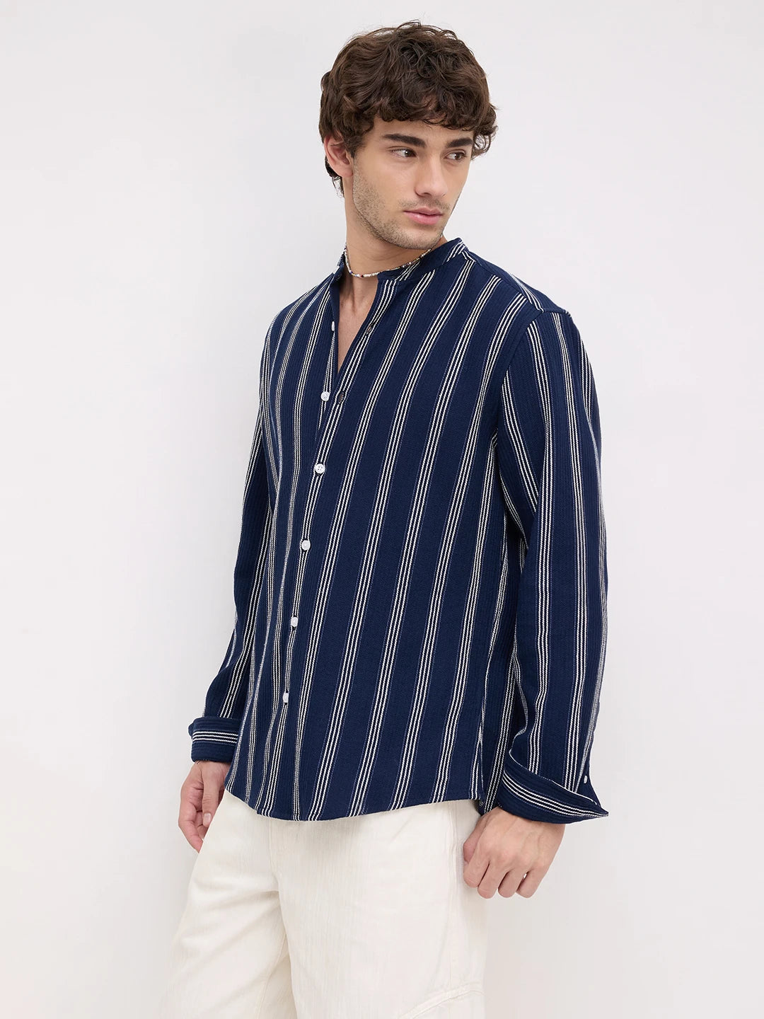 Navy & White Vertical Striped Mandarin Shirt