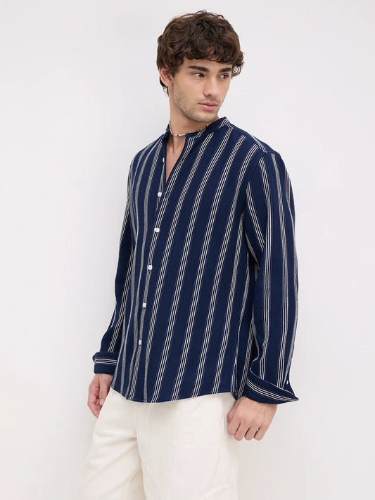 Navy & White Vertical Striped Mandarin Shirt