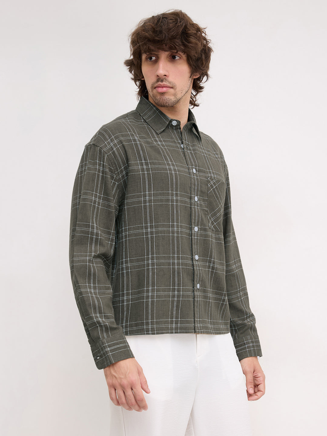 Earthy Olive Contrast Windowpane Checks Boxy Fit Crop Shirt