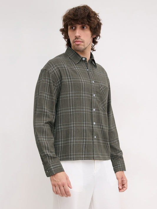 Earthy Olive Contrast Windowpane Checks Boxy Fit Crop Shirt