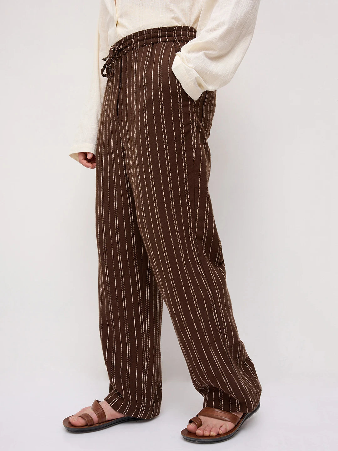 Intricate Coffee Brown Striped Straight Leg Trousers