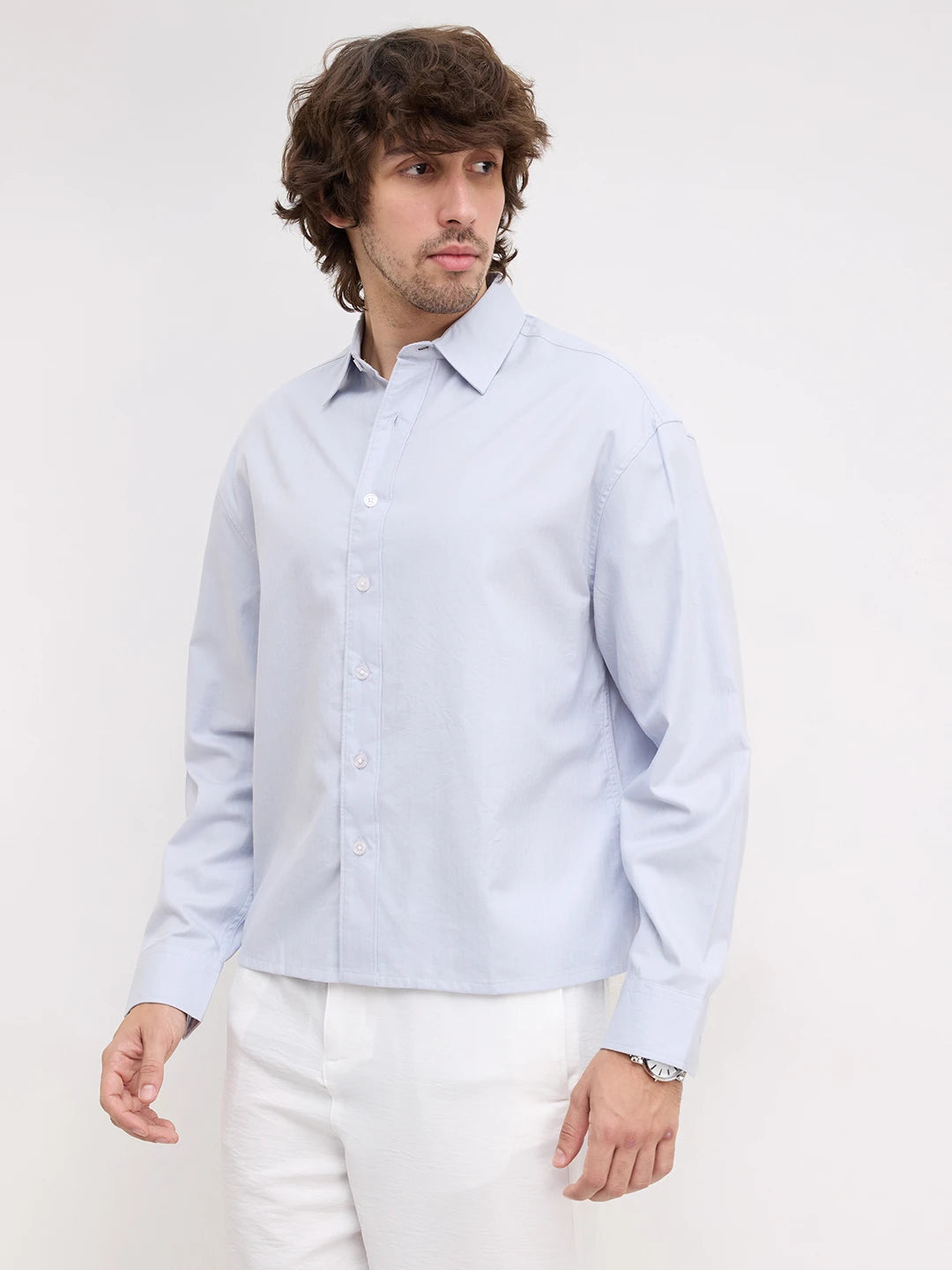 Ice Blue Herringbone Textured Boxy Fit Crop Shirt