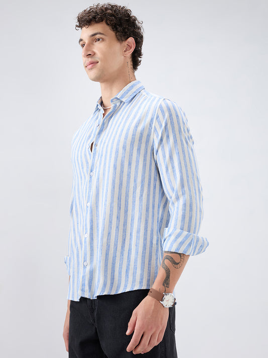 Blue & Ivory Balanced Striped Linen Blend Shirt