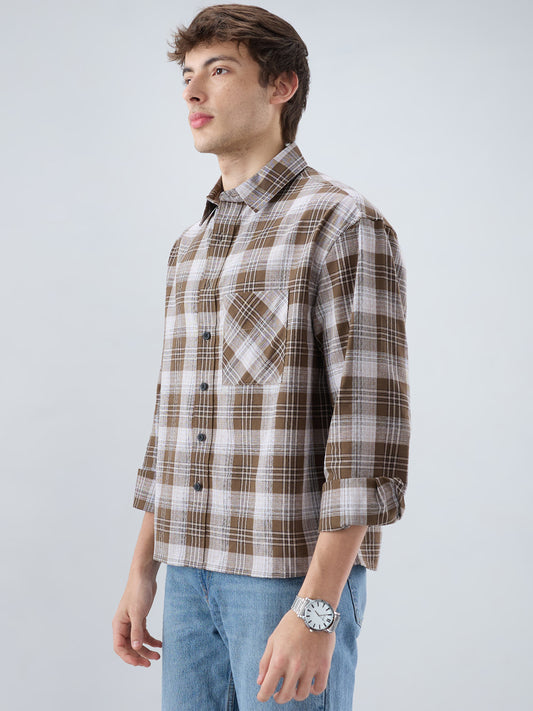 Deep Brown & White Plaid Checks Boxy Fit Crop Shirt