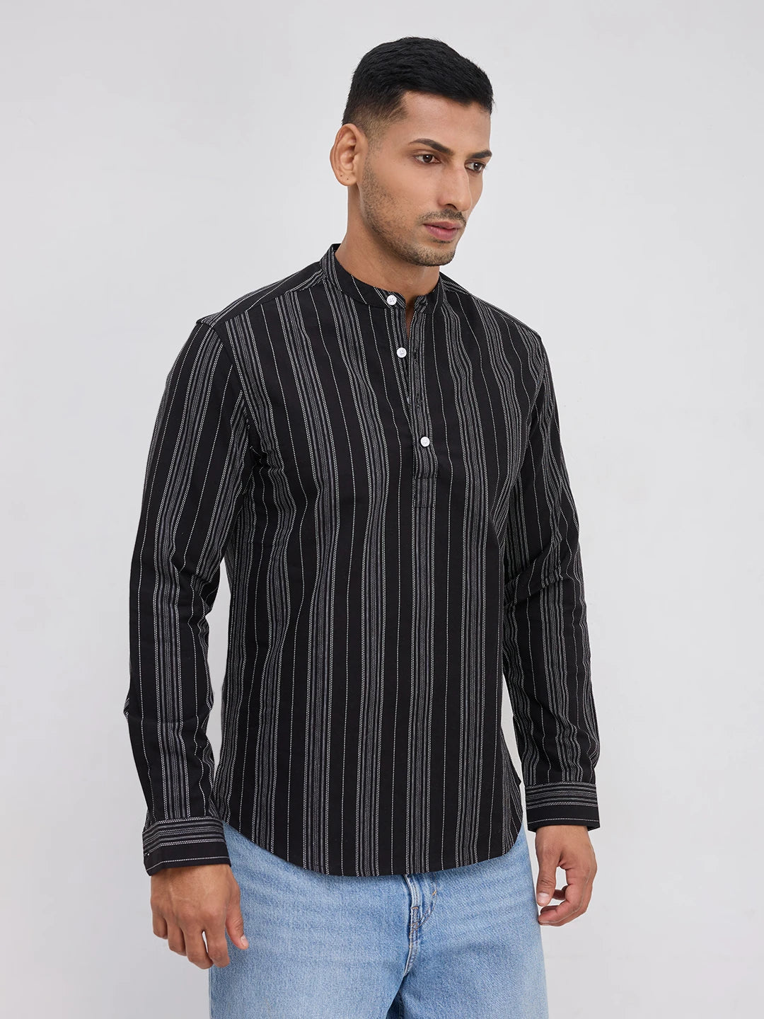 Jet Black Fine Threadwork Striped Kurta