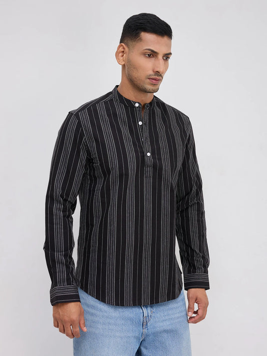 Jet Black Fine Threadwork Striped Kurta