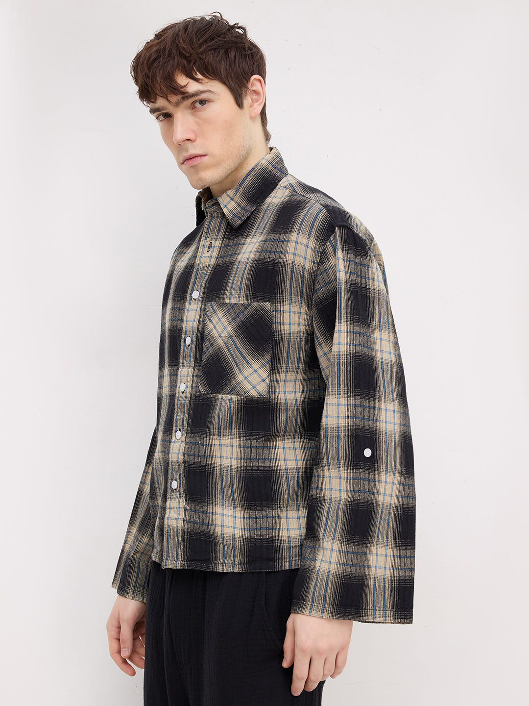 Rich Black & Blue Plaid Checks Cuffless Oversized Crop Shirt