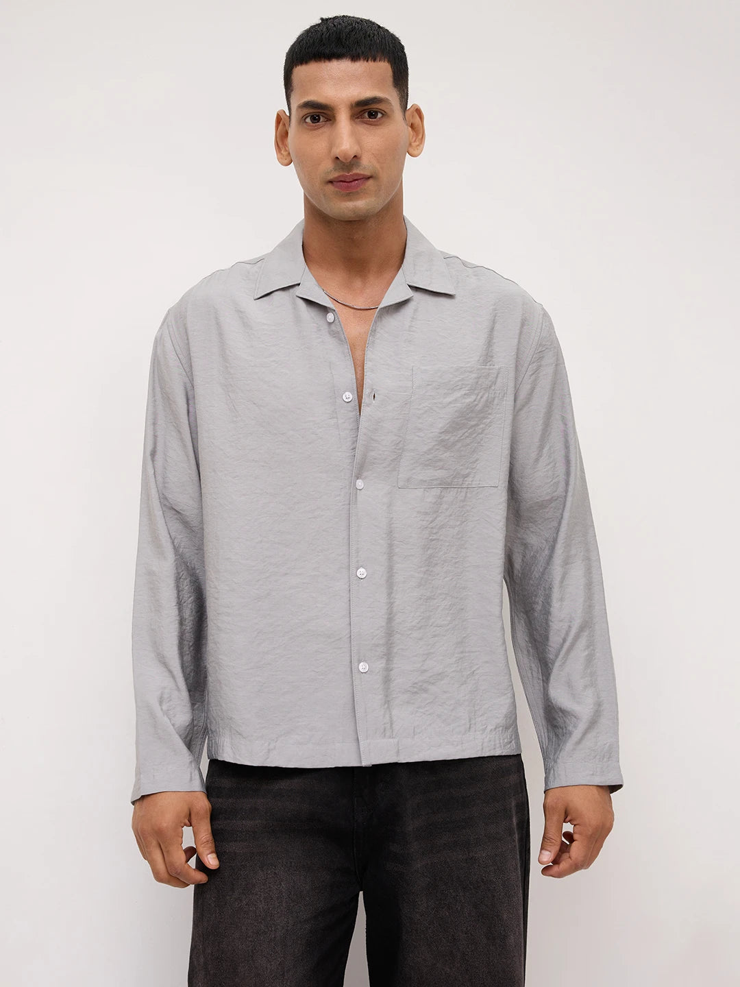 Refined Mist Grey Textured Oversized Notch Collar Shirt