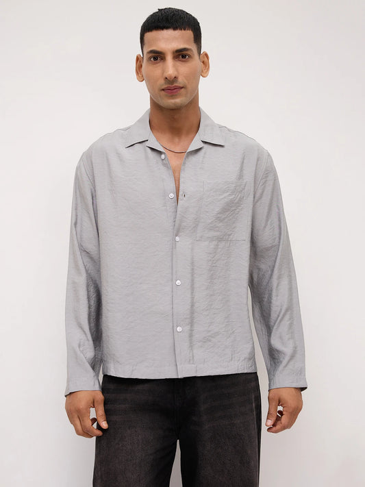 Refined Mist Grey Textured Oversized Notch Collar Shirt