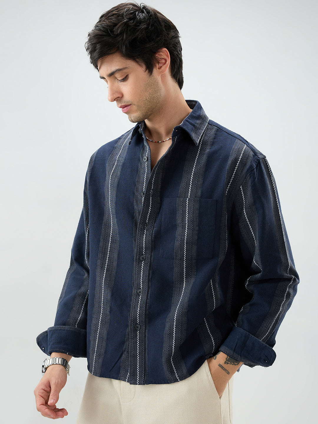 Navy Contrast Panel Fine Weave Boxy Fit Crop Shirt