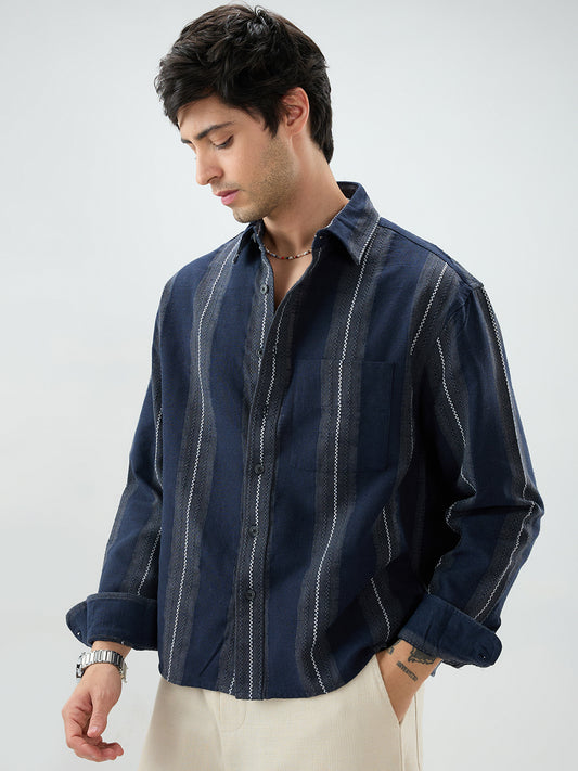 Navy Contrast Panel Fine Weave Boxy Fit Crop Shirt