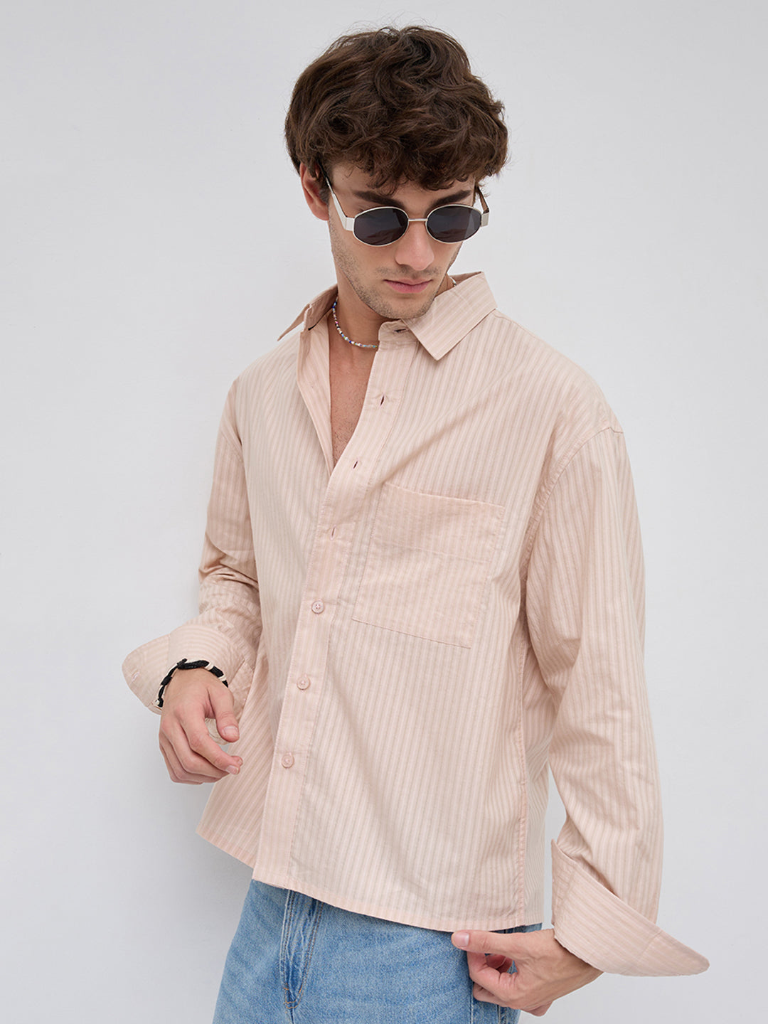 Plush Powder Pink Subtle Striped Boxy Fit Crop Shirt