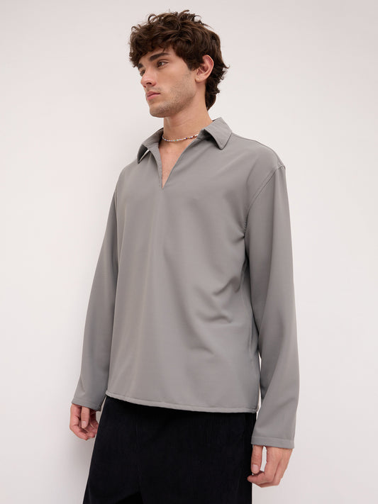Spanish Grey Oversized Polo Tencel Knit Shirt