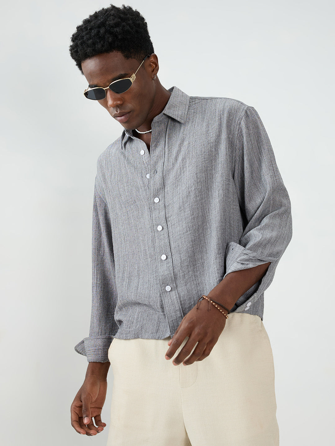 Grey Textured Boxy Fit Crop Shirt