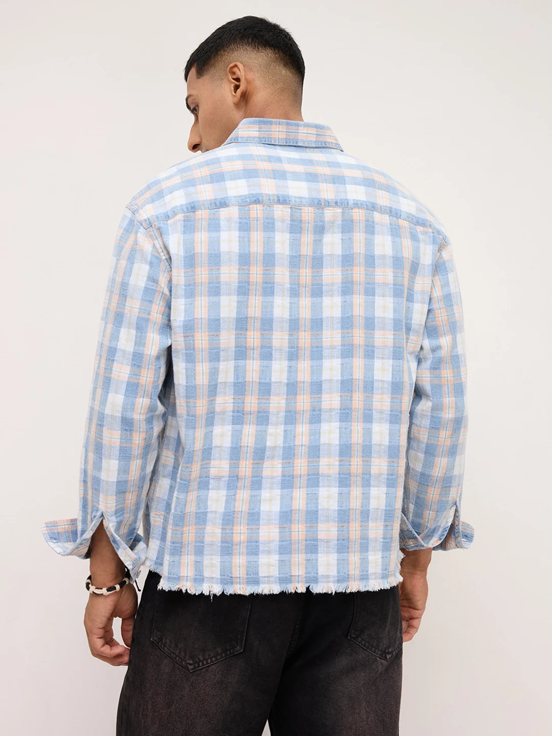 Distressed Hem Denim Blue & Peach Checks Boxy Fit Crop Shirt
