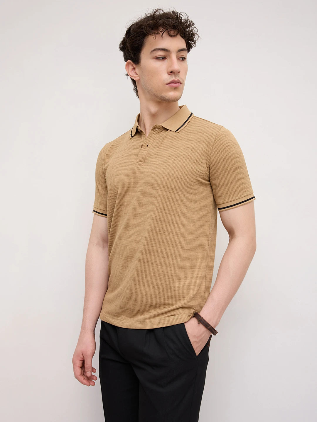 Golden Brown Stripe Embossed Polo Flat Knit T-Shirt