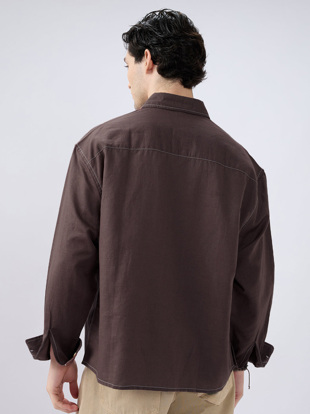 Elegant Brown Linen Contrast Stitch Boxy Fit Crop Shirt