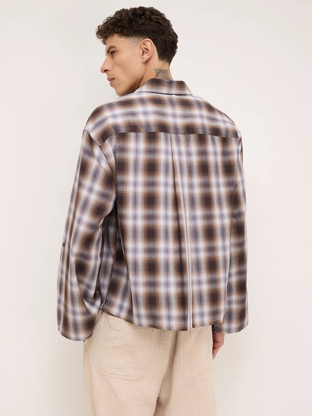 Luxe Brown Plaid Checks Cuffless Oversized Crop Shirt