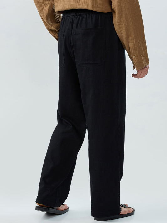 Solid Black Straight-Fit Trousers