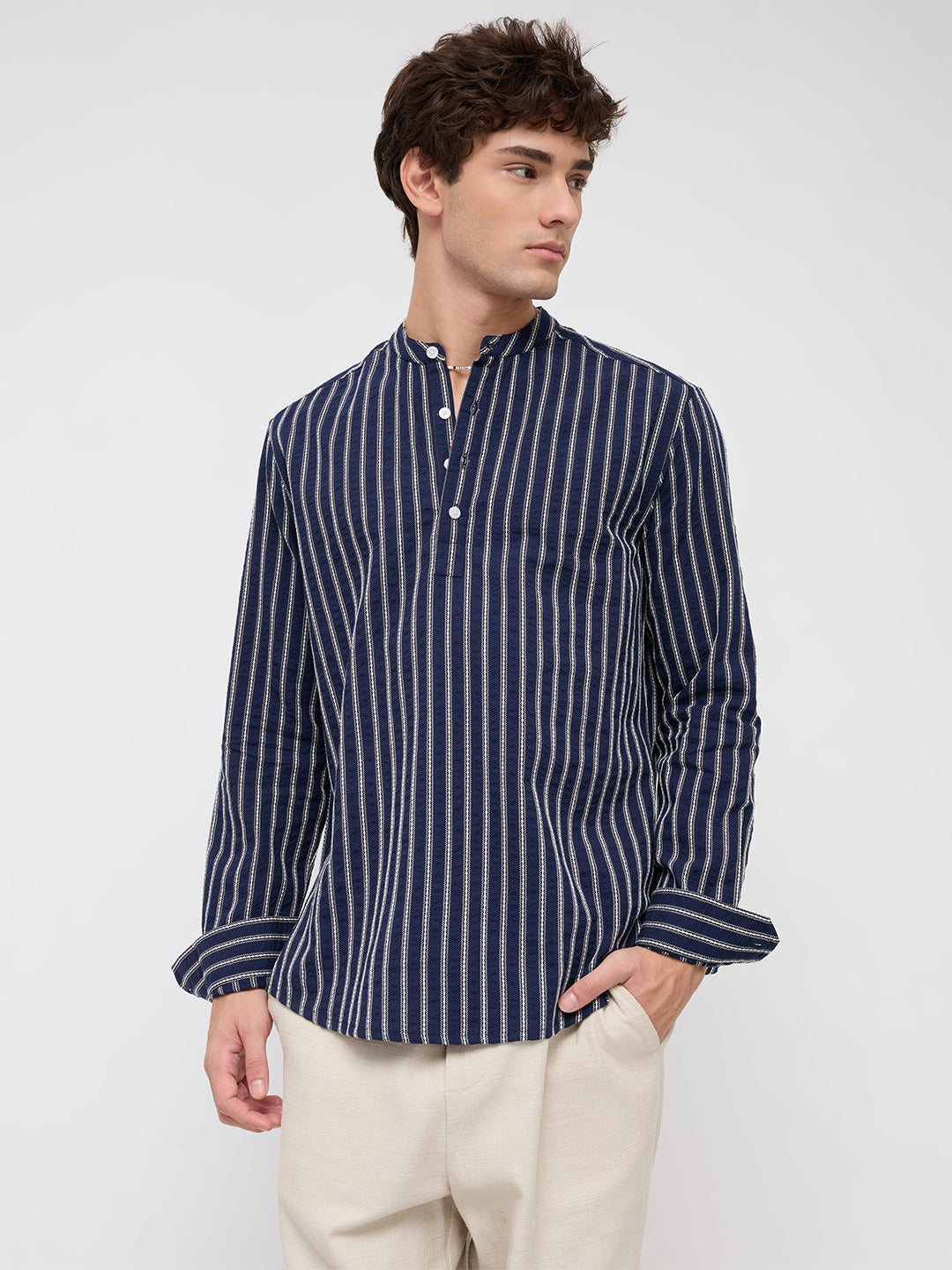 Luxe Coastal Navy Motif Seersucker Embroidered Striped Kurta