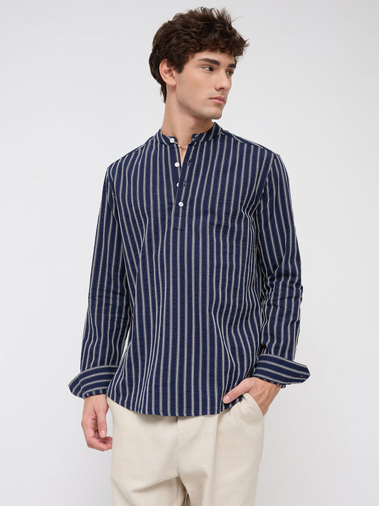 Luxe Coastal Navy Motif Embroidered Striped Kurta