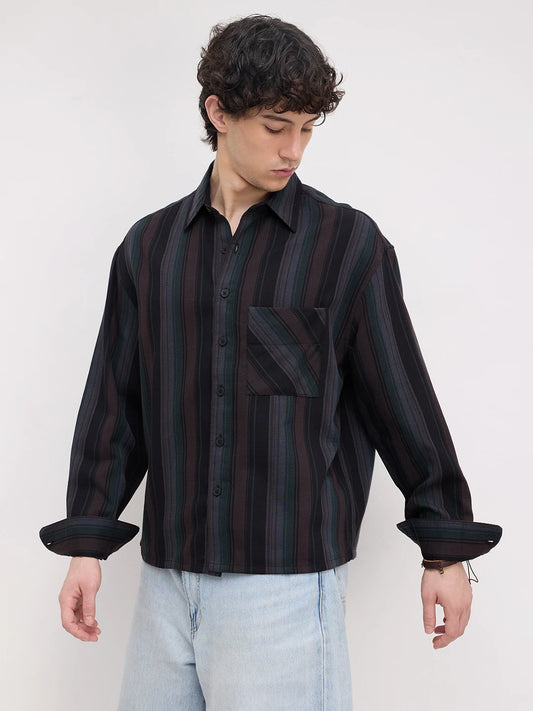 Luxe Coffee Brown Multi-Striped Boxy Fit Crop Shirt
