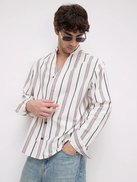 White Intricate Motif Contrast Striped Stand Collar Oversized Shirt
