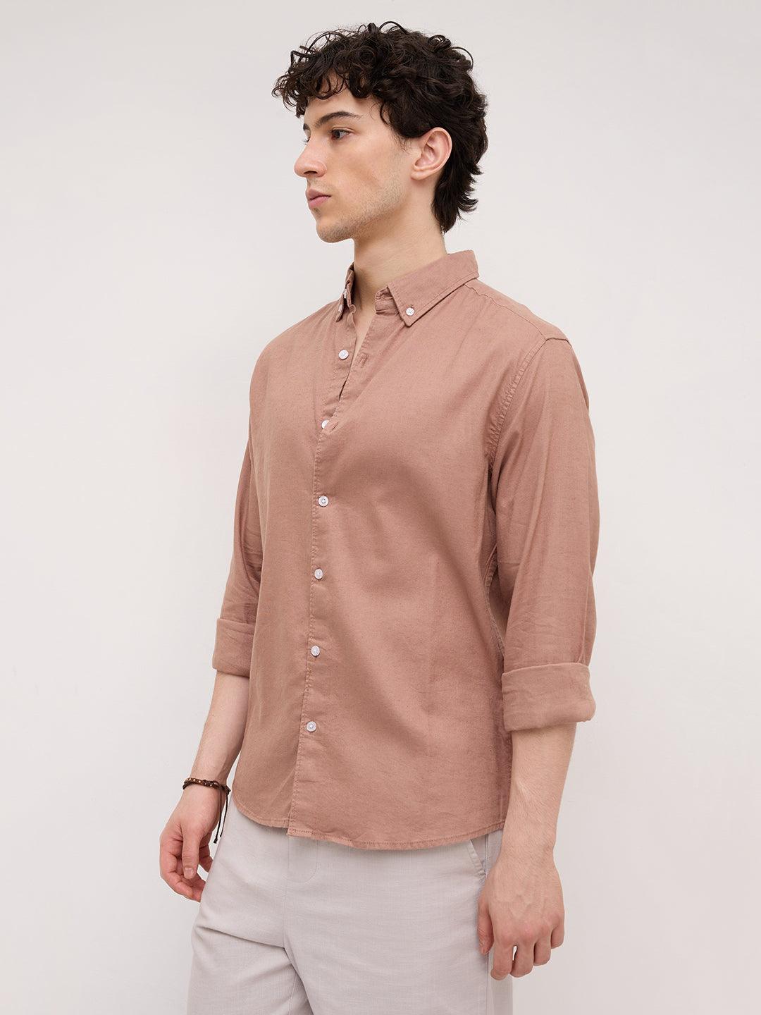 Creamy Coral Peach Button-Down Collar Linen Blend Business Shirt