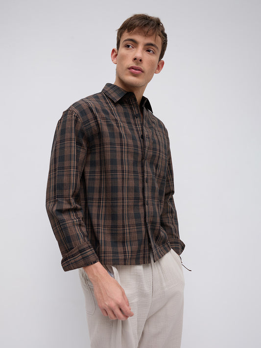 Vintage Roast Brown Fine Checks Boxy Fit Crop Shirt