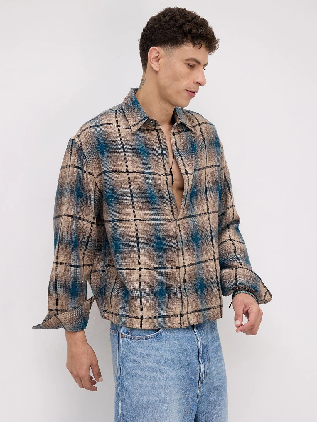 Teal & Khaki Plaid Checks Flannel Boxy Fit Crop Shirt