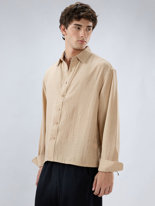 Beige Slub Textured Boxy Fit Crop Shirt