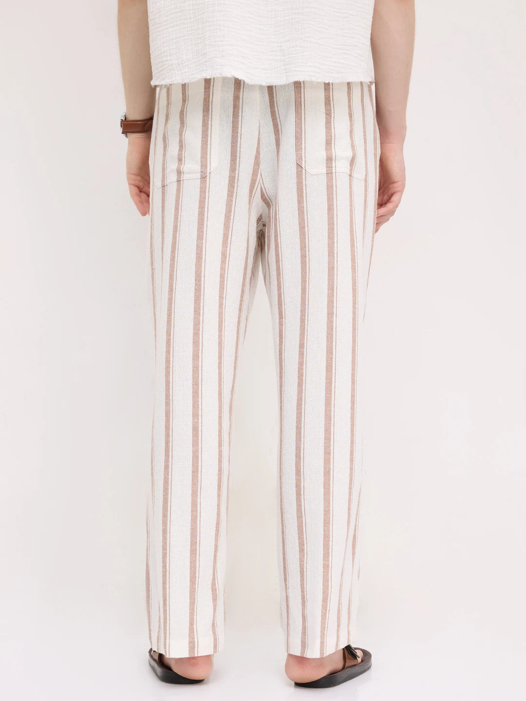 White & Brown Striped Straight Fit Trousers