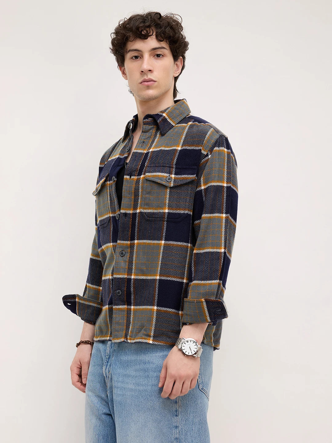 Elevated Multicolor Checks Double Pocket Boxy Fit Flannel Crop Shirt