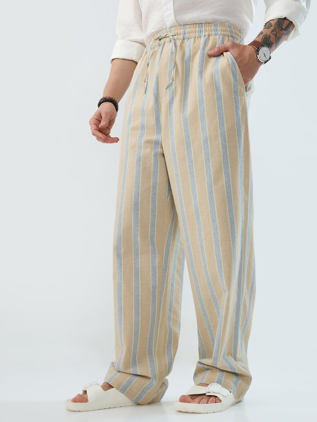 Camel Beige & Navy Striped Straight-Fit Trousers