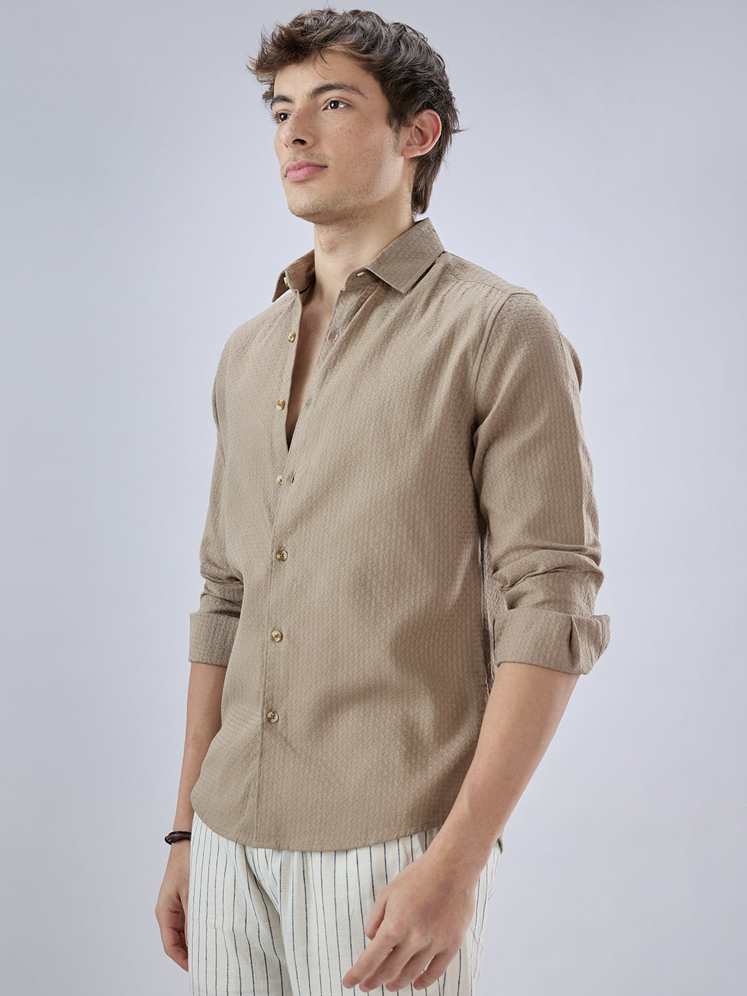 Warm Tan Beige Refined Textured Shirt