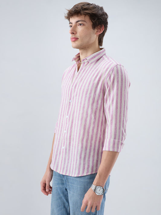 Cerise Pink & Ivory Balanced Striped Linen Blend Shirt