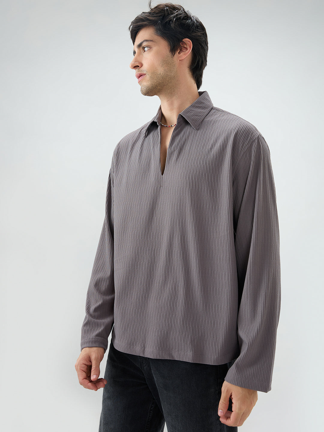 Graphite Grey Precision Rib Striped Oversized Polo Knitted Shirt