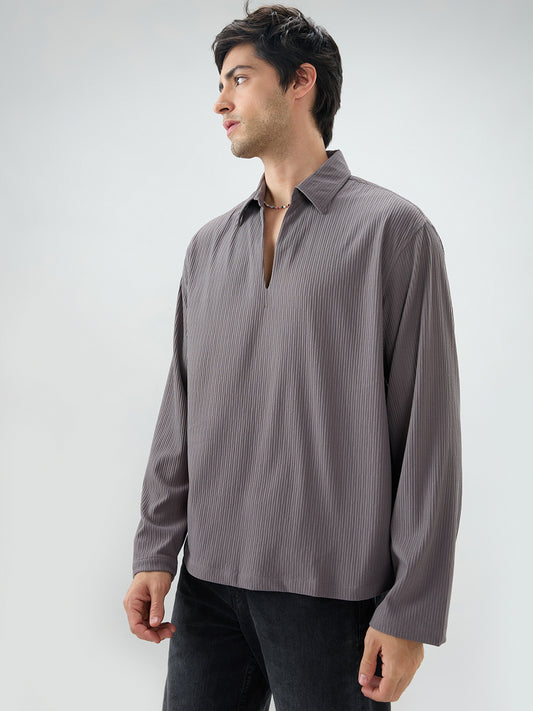 Graphite Grey Precision Rib Striped Oversized Polo Knitted Shirt
