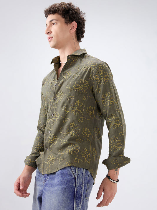 Olive Slub Textured Floral Contrast Embroidered Shirt